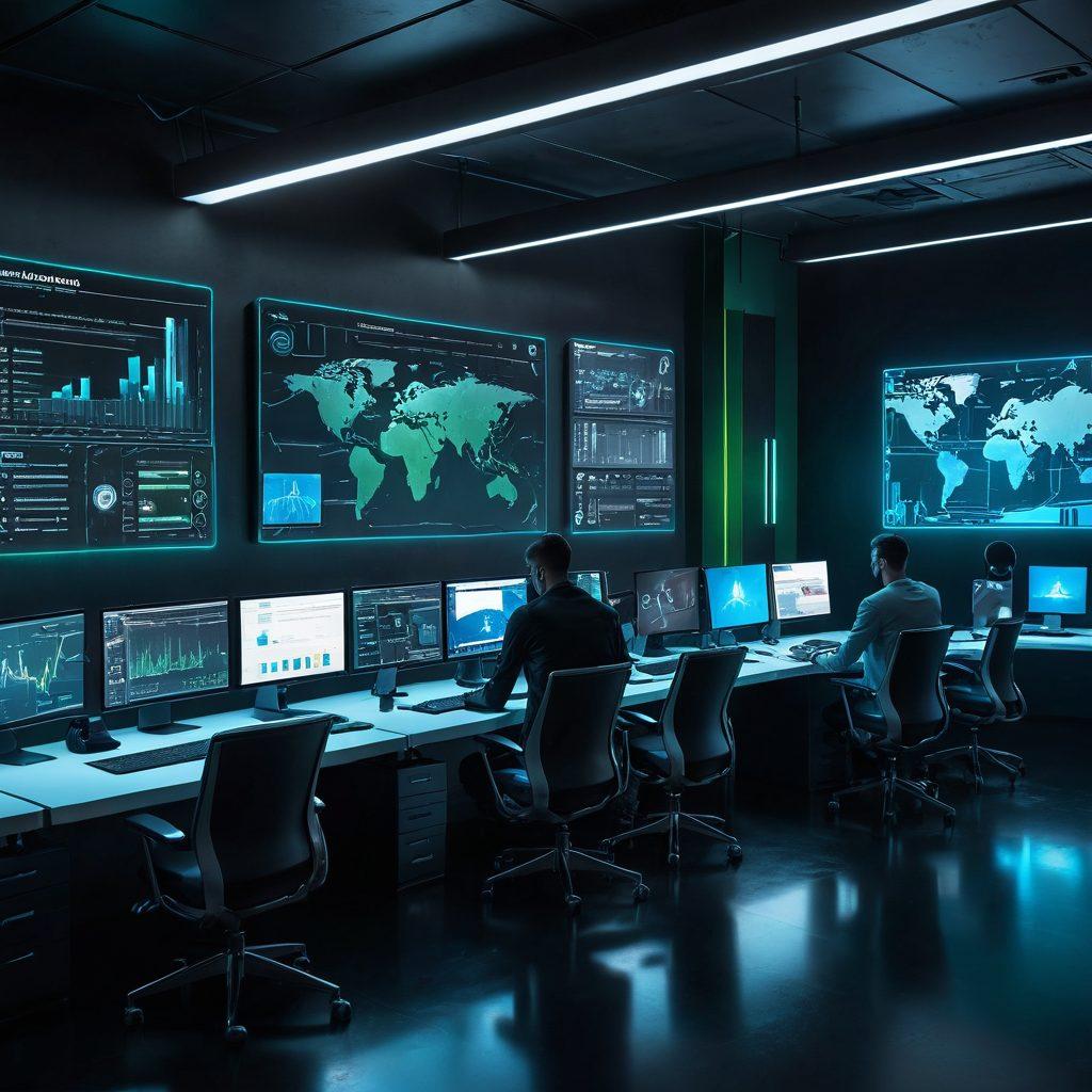 A futuristic IT workspace showcasing diverse professionals engaged in strategic discussions around holographic interfaces displaying software maintenance metrics and updates. The background features sleek digital screens, advanced technology, and vibrant blue and green hues to represent growth and innovation. Emphasize collaboration and forward-thinking. 3D. vibrant colors. cyberpunk.