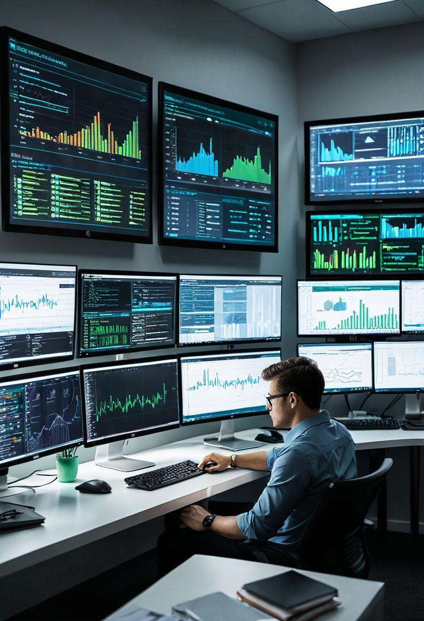A dynamic workspace scene featuring an IT professional intensely focused on multiple computer screens displaying patch management software, surrounded by digital graphs and metrics. In the background, a wall-mounted digital clock shows time ticking down, symbolizing urgency in efficiency. Tools like a laptop, code snippets, and a coffee cup add to the atmosphere of productivity. The color scheme includes cool blues and greens to promote a tech-savvy vibe. super-realistic. vibrant colors. white background.